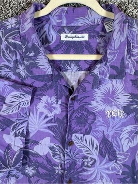 Tommy Bahama TCU Frogs 100% Silk Mens XXL Purple Hawaiian Button Up Shirt NCAA